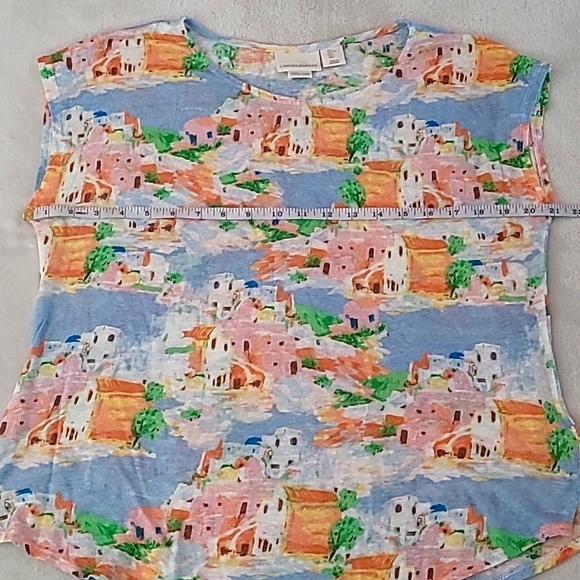 Cynthia Rowley Linen Scenic Print Cap Sleeve Top Large Coastal Resort Summer - Picture 7 of 11